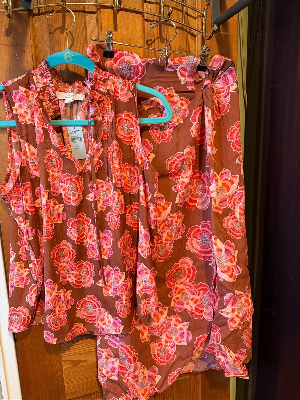 LOFT Brown Maxi Skirt and top with Pink & Red Floral Print